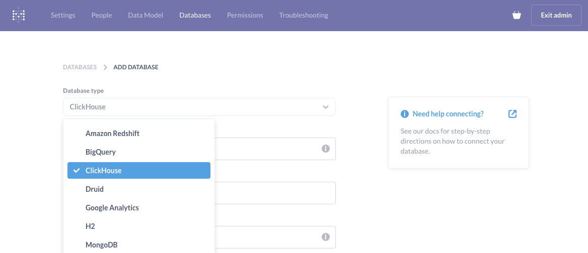 ClickHouse がオプションとして表示されている Metabase のデータベース選択画面