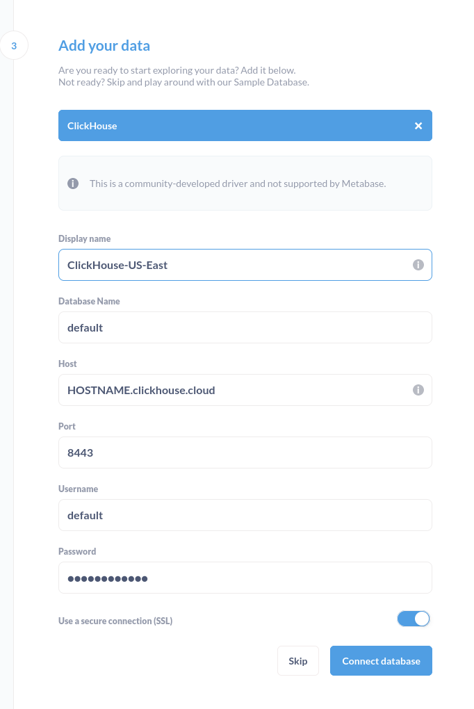 ClickHouse データベース用の Metabase 接続情報フォーム