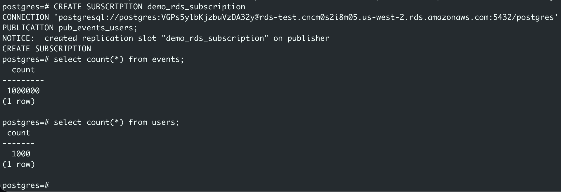 論理レプリケーション後の移行結果
