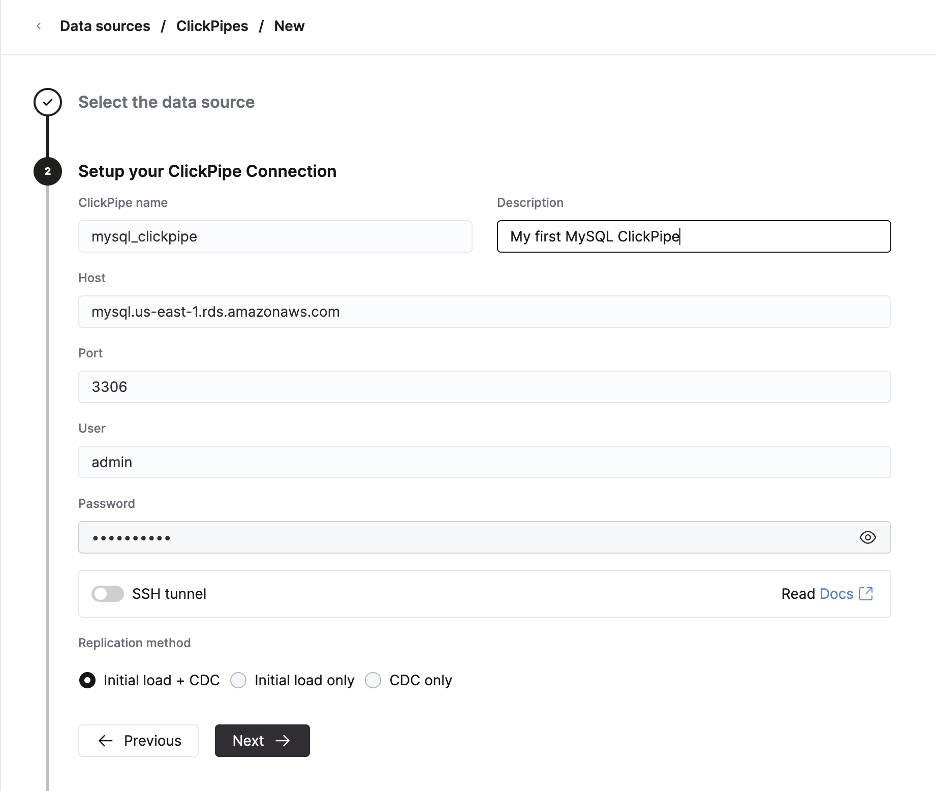 接続情報を入力