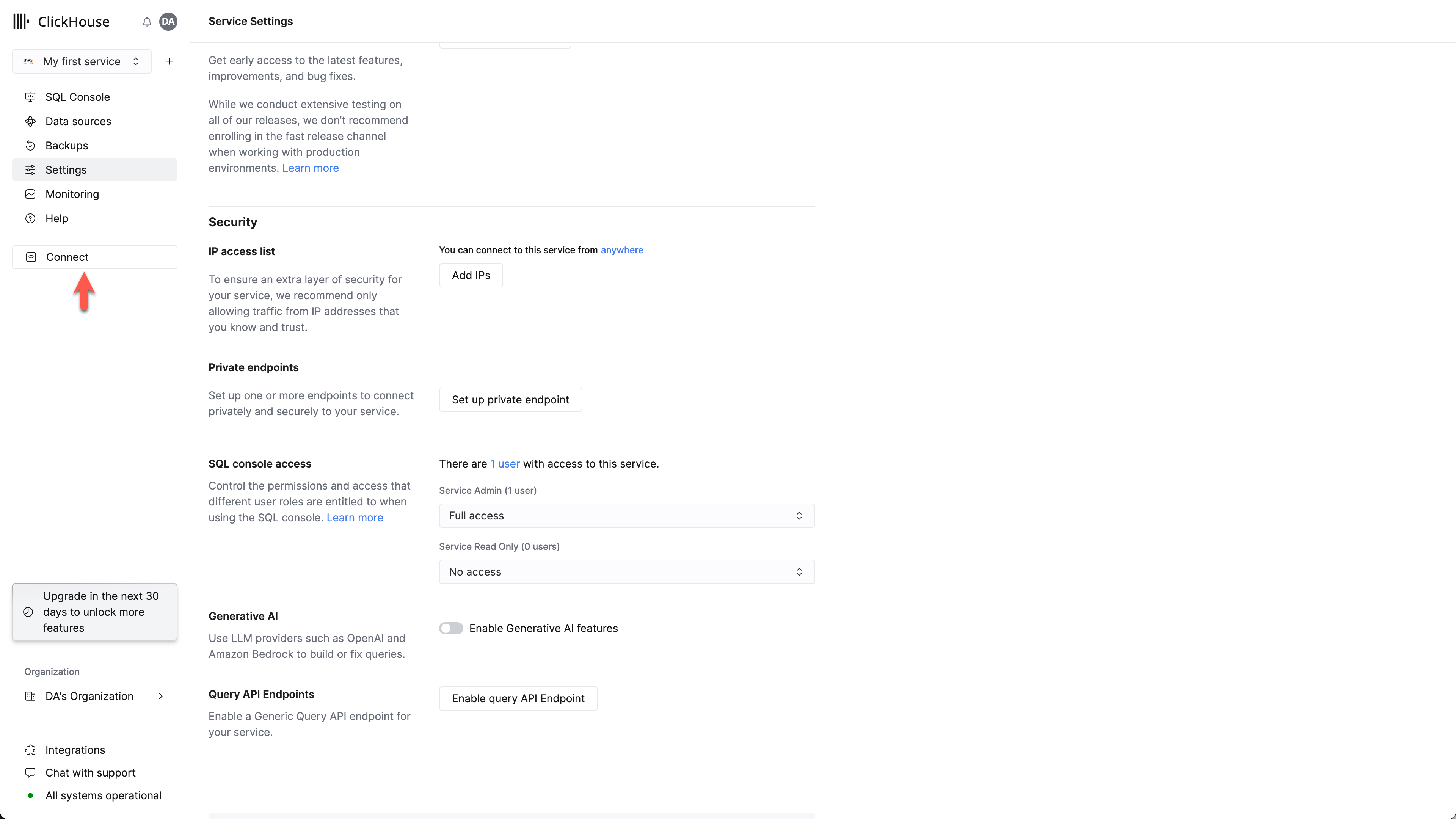 Connect オプションが強調表示された ClickHouse Cloud サービス接続画面