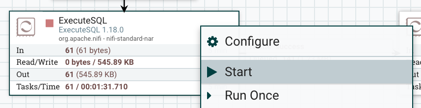 プロパティが入力された ExecuteSQL プロセッサの設定画面