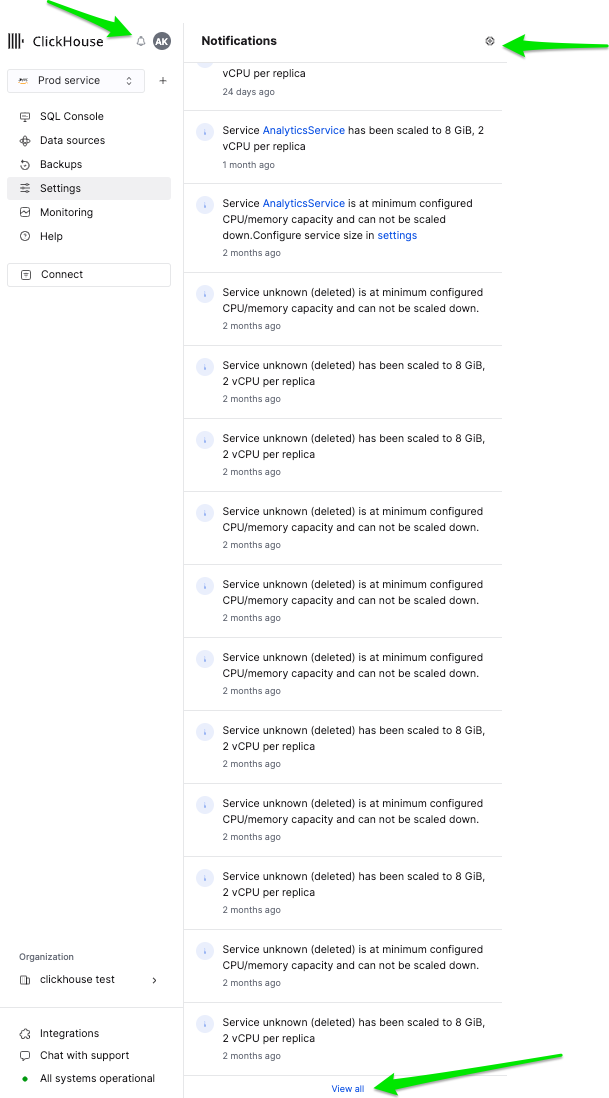ClickHouse Cloud の通知フライアウト