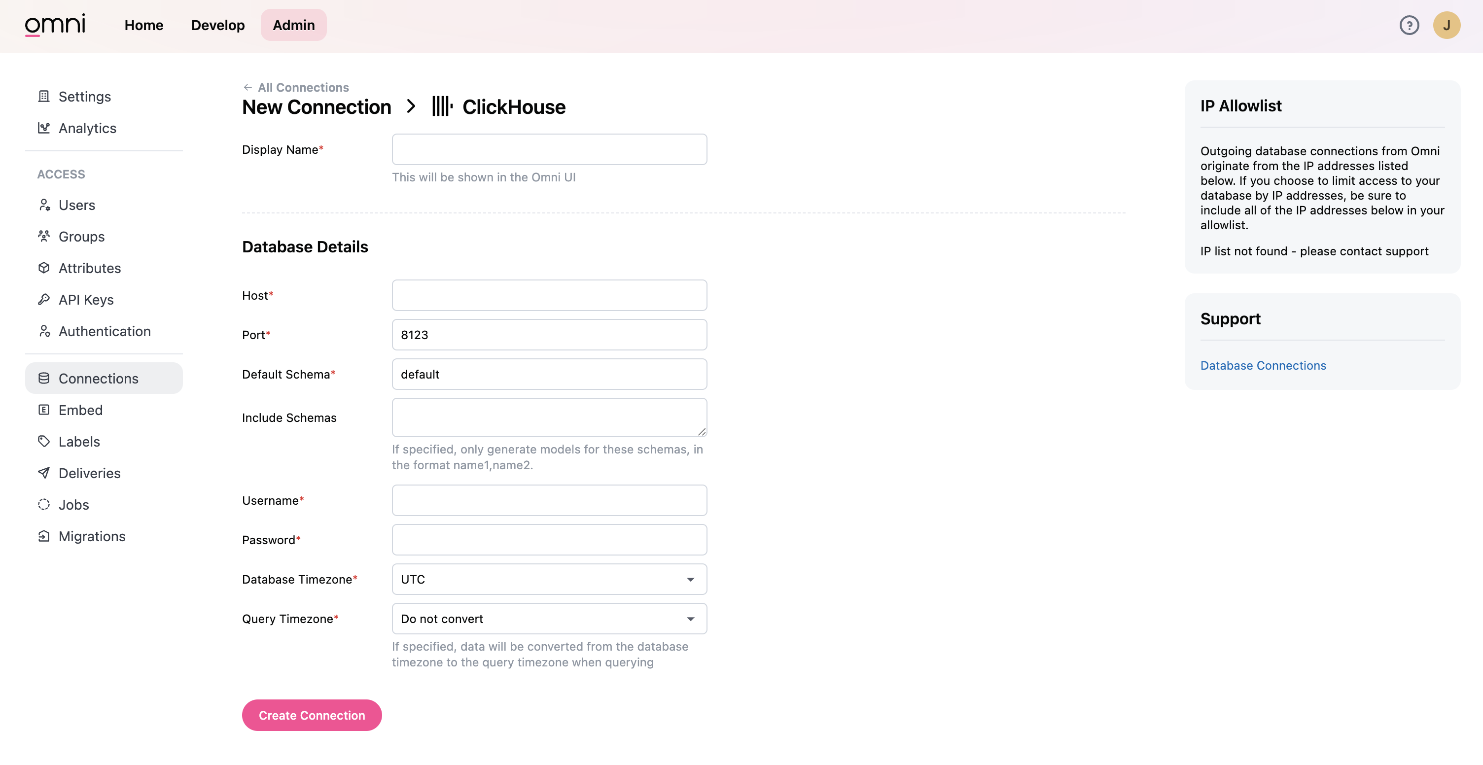 ClickHouse 用の認証情報フォームフィールドが表示されている Omni の接続設定インターフェース