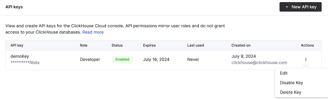 API キー管理ページ