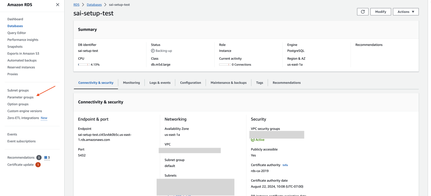RDS で Parameter groups を確認できる場所