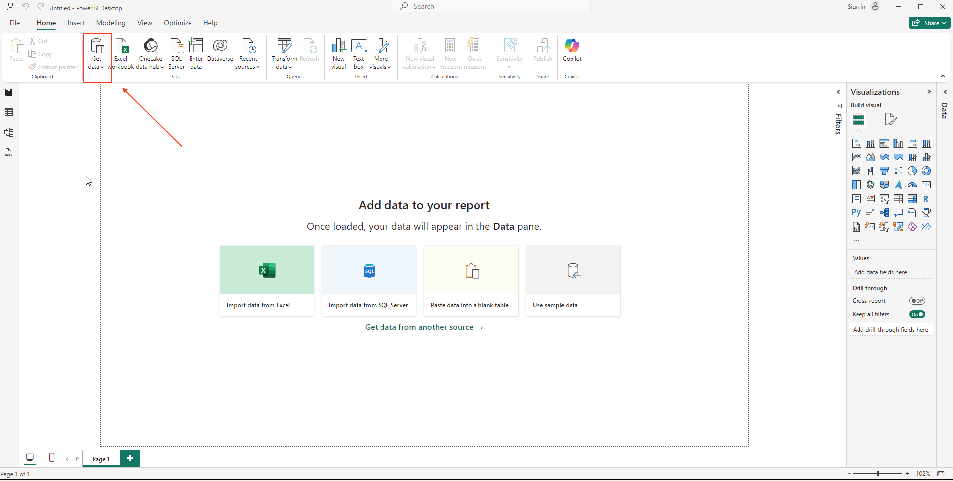 Get Data ボタンを表示している Power BI Desktop のホーム画面