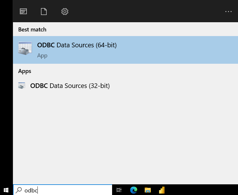 ODBC Data Sources (64-bit) オプションを表示している Windows の検索画面