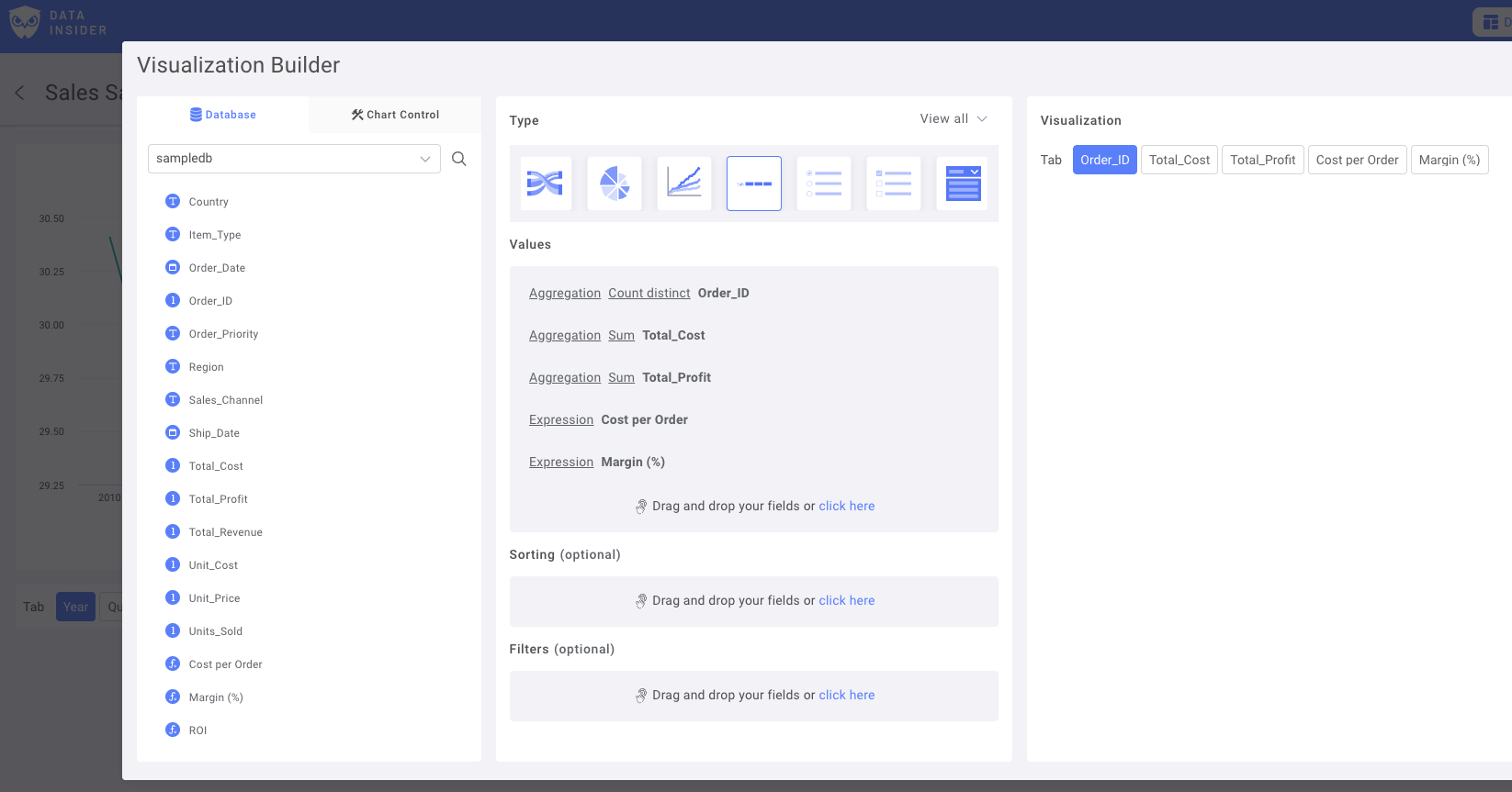 Rocket BI のメトリクスコントロール設定パネル。選択されたフィールドと集計設定が表示されている