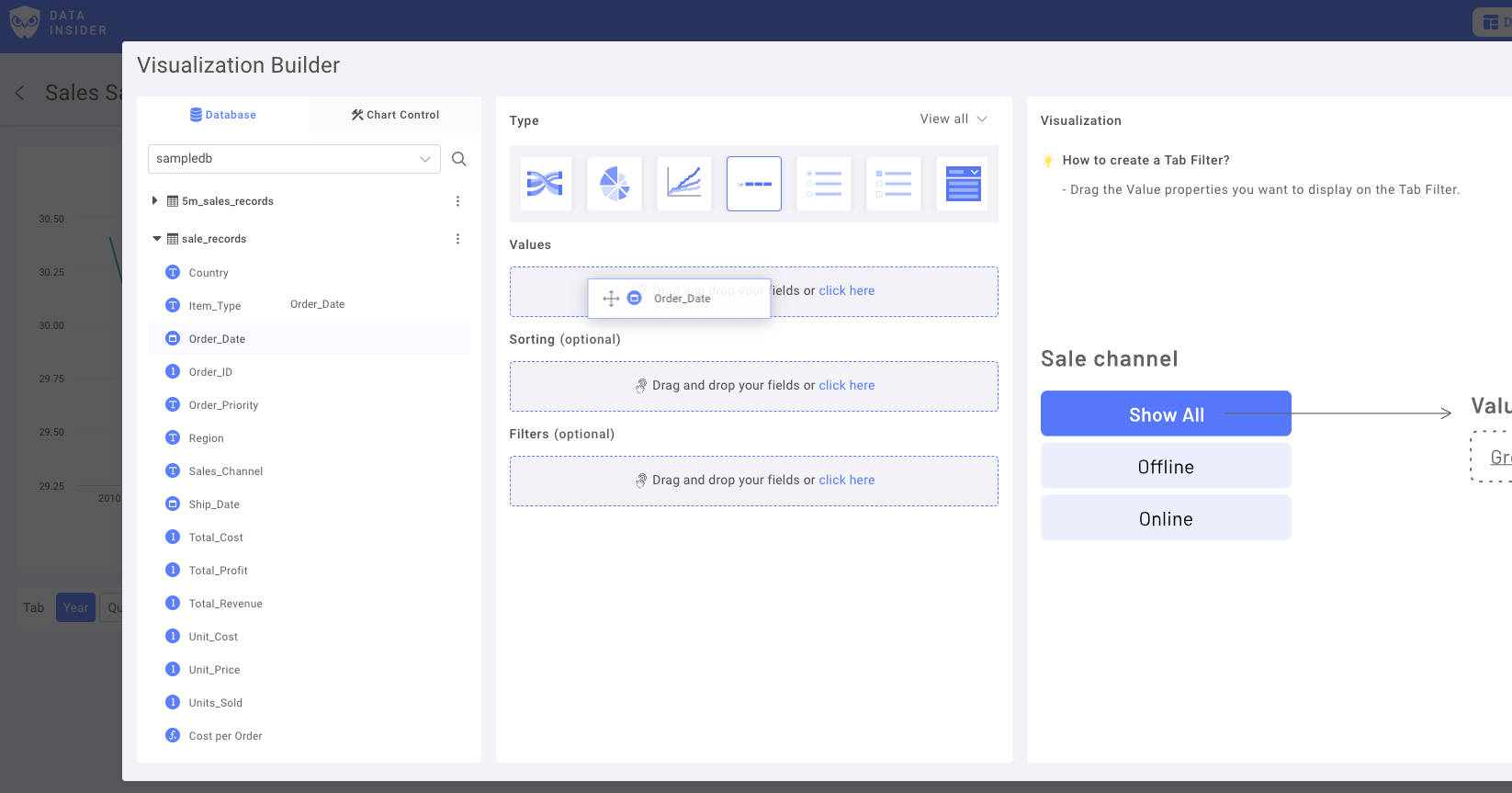 Rocket BI の日付フィールド選択インターフェース。利用可能な日付列が表示されている