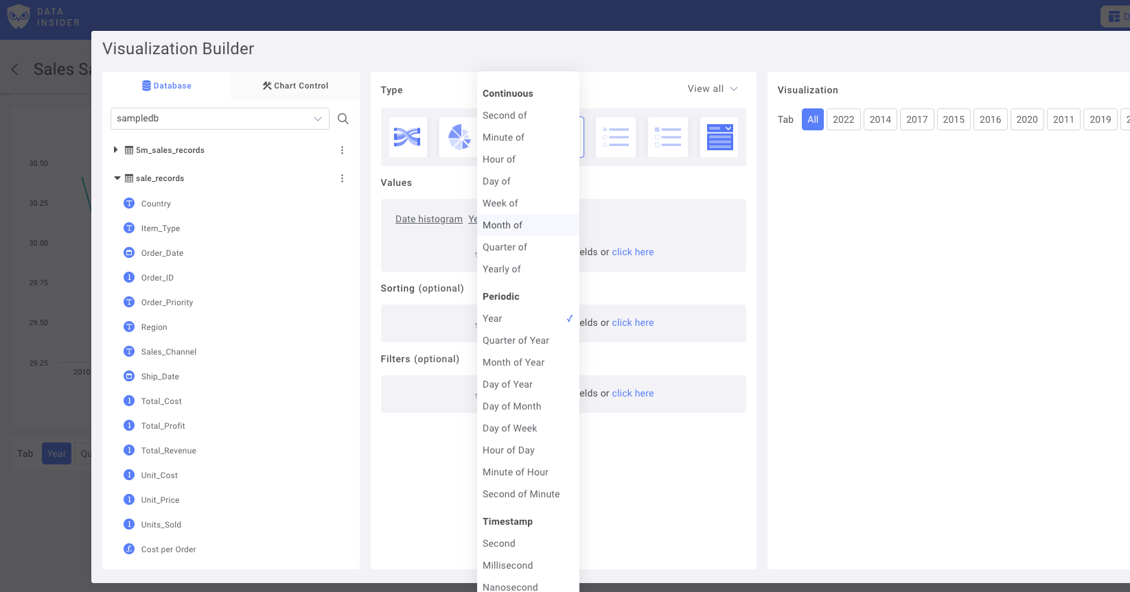 年・月・日など、異なる期間オプションを設定する日付範囲設定画面
