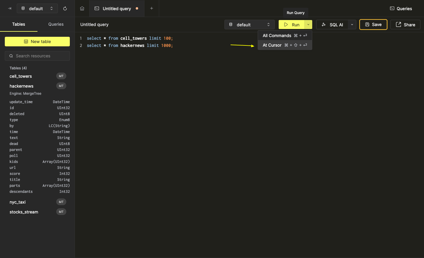 拡張 Run オプションメニュー内の Run at cursor オプション