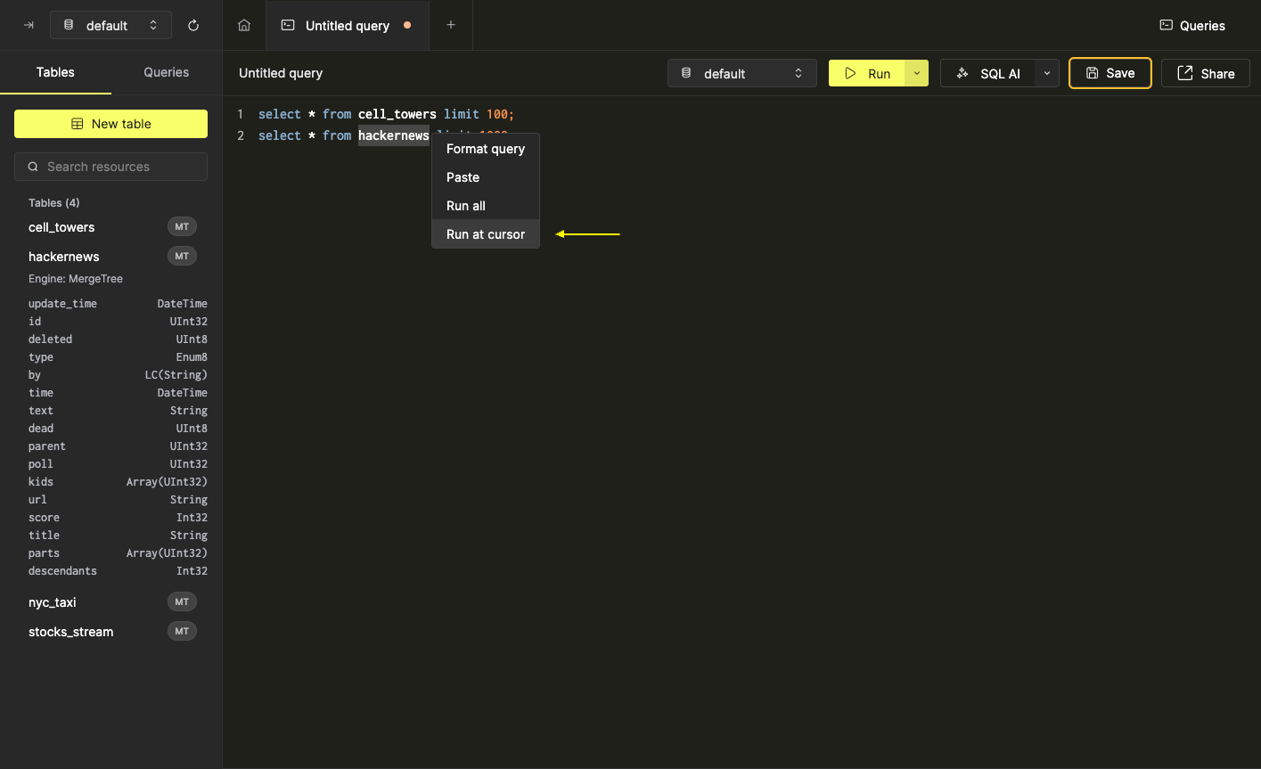 SQL Editor のコンテキストメニュー内の Run at cursor オプション