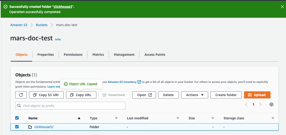 ClickHouse構成のためのS3フォルダURLのコピー