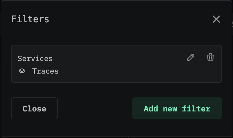 設定済みの Services フィルタを表示する Filters モーダル