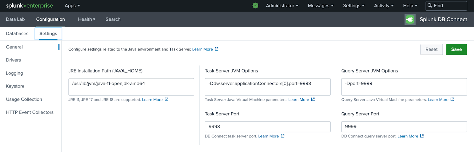 Java Home の設定が表示されている Splunk DB Connect 設定ページ