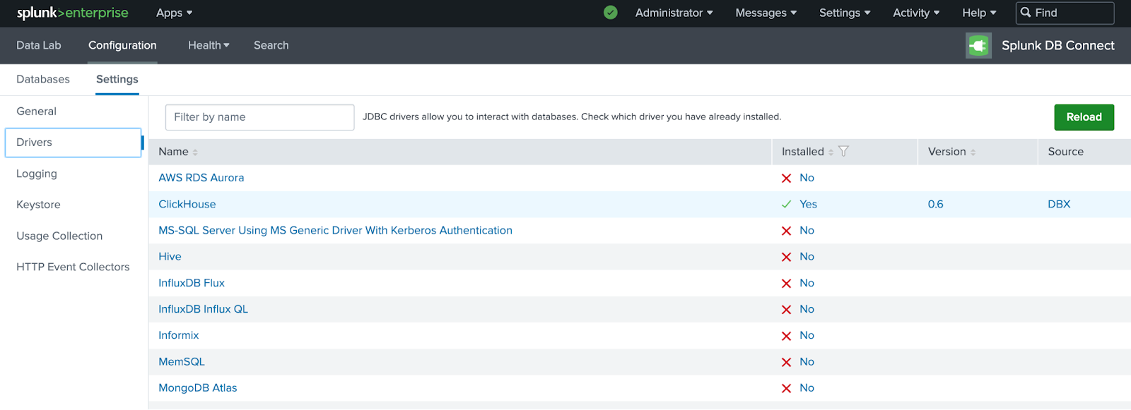 ClickHouse ドライバーが正常にインストールされていることを示す Splunk DB Connect の Drivers ページ