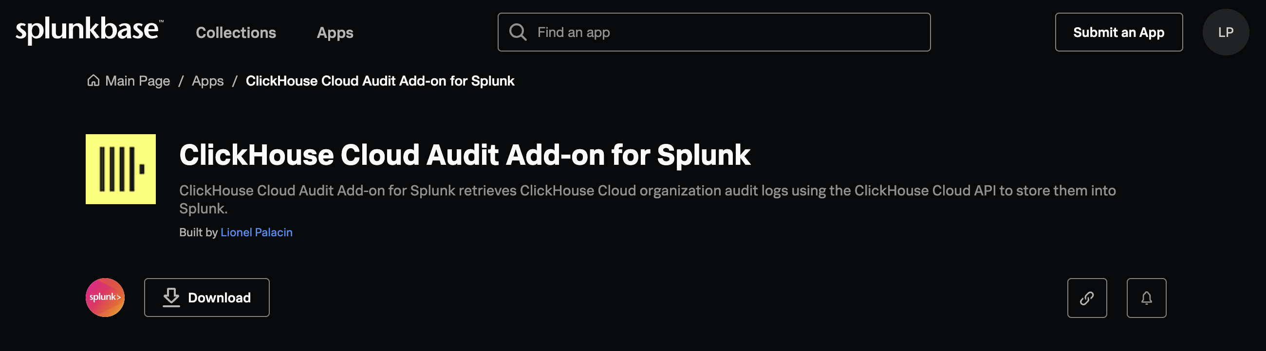 ClickHouse Cloud Audit Add-on for Splunk のダウンロードページを表示している Splunkbase サイト