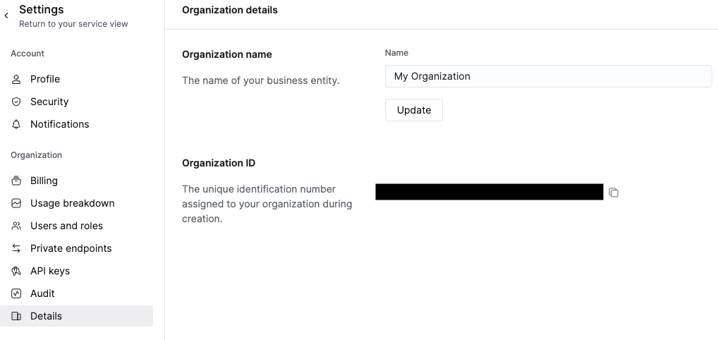 Organization ID を含む Organization details ページを表示している ClickHouse Cloud console