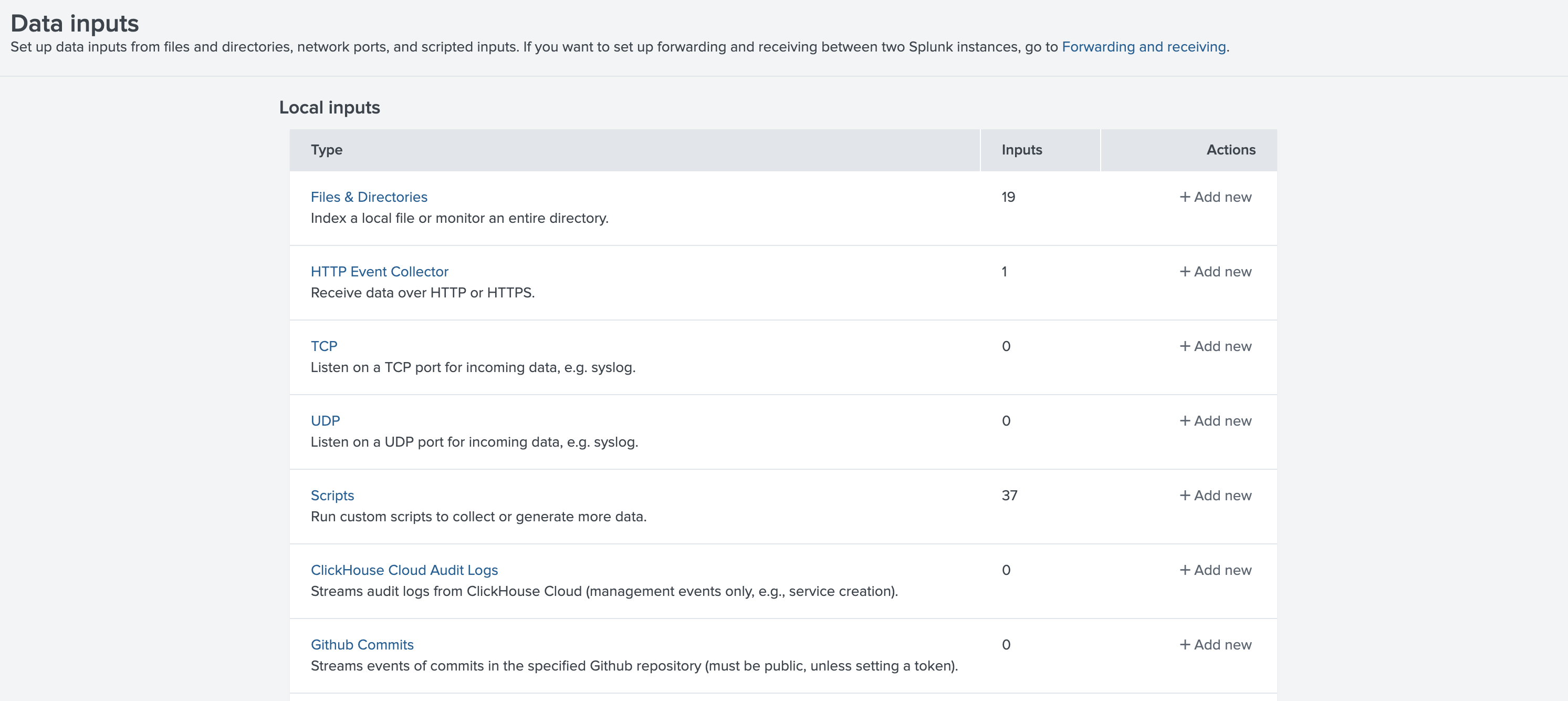 Settings メニューで Data inputs オプションが表示されている Splunk インターフェイス