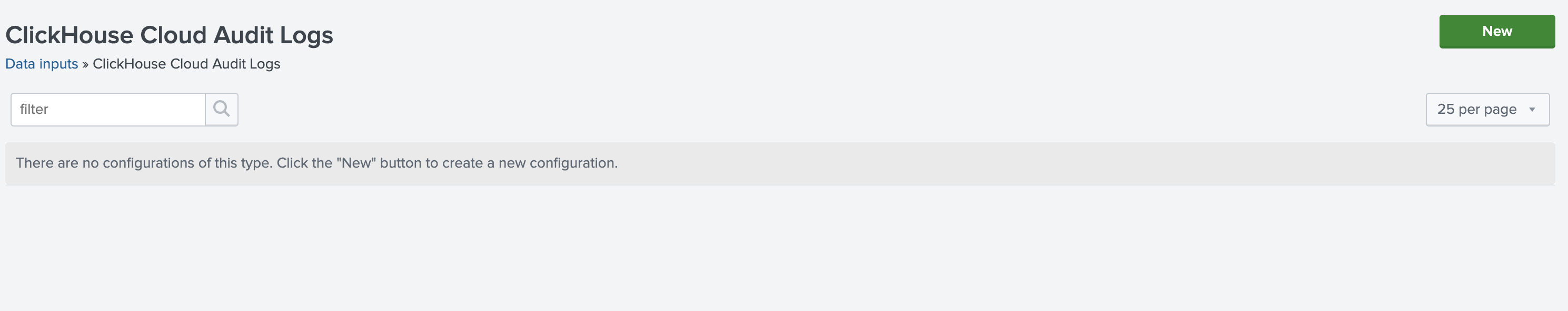 ClickHouse Cloud Audit Logs オプションが表示されている Splunk の Data inputs ページ