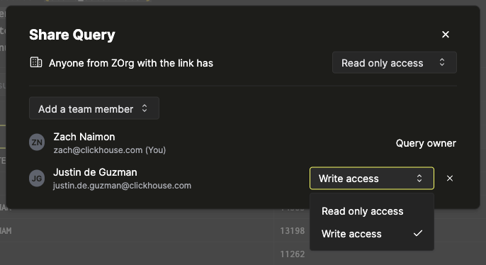 共有クエリへのメンバーアクセスを編集するインターフェース