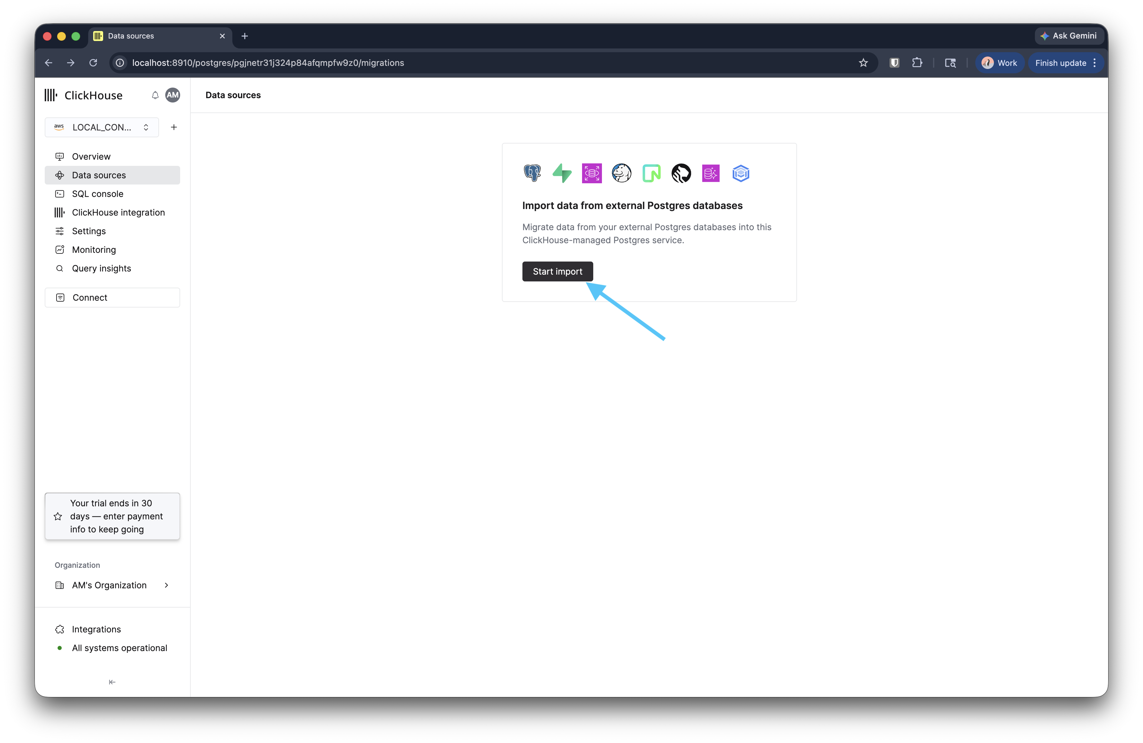 Start import ボタンが表示された Data sources ページ