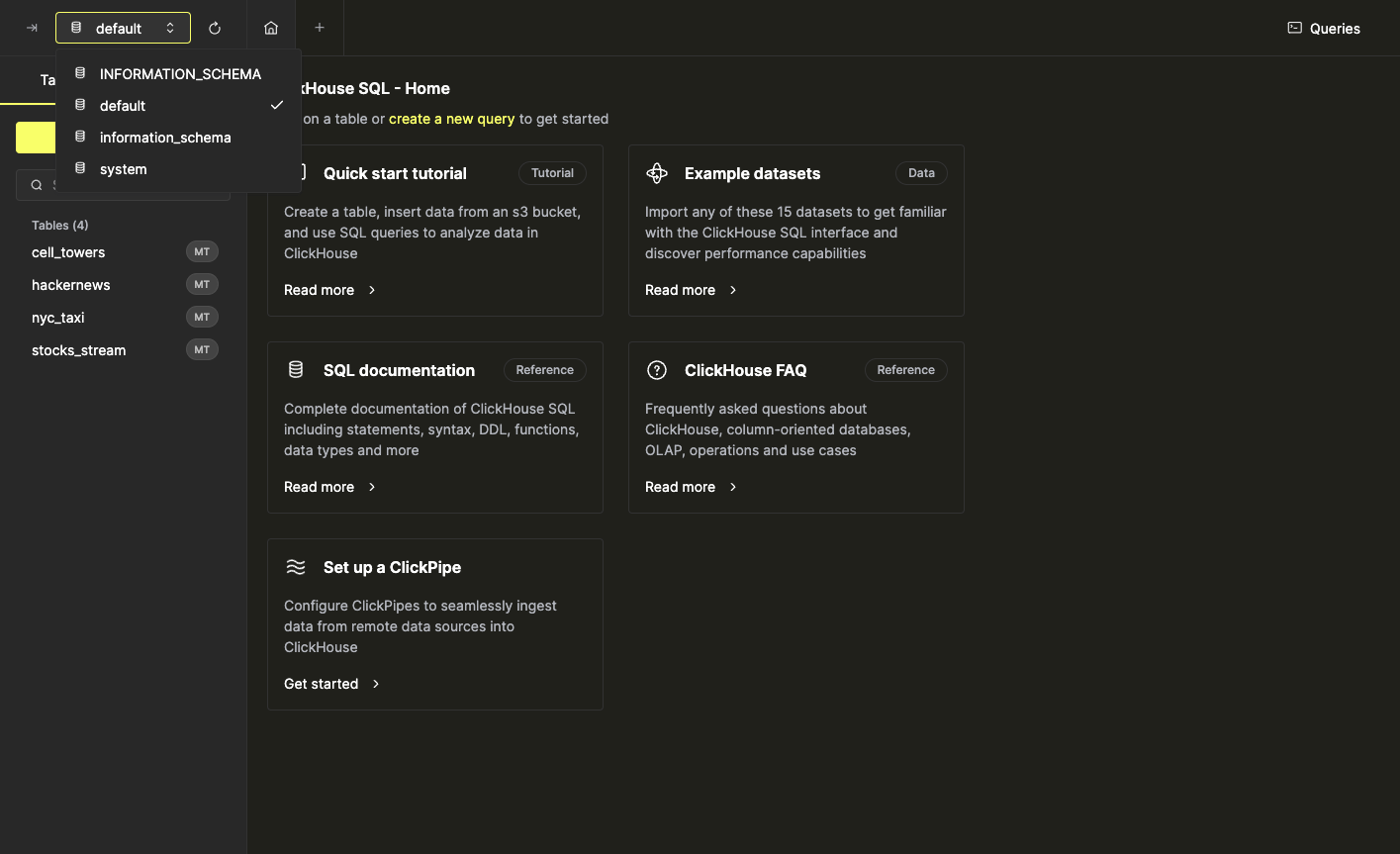 左サイドバーにデータベース内のテーブルが表示された、テーブル一覧とスキーマビュー
