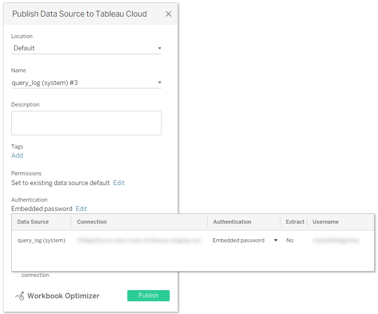 Authentication オプションで Embedded password が選択されている Tableau Desktop の公開ダイアログ