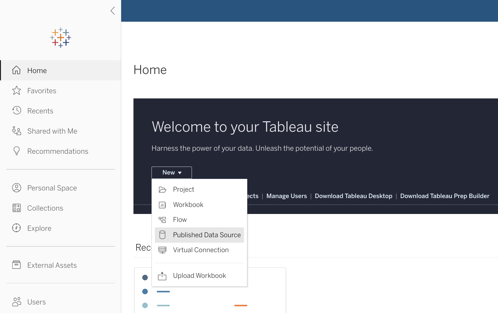 公開データソースを作成するための「New」ボタンが表示された Tableau Online のインターフェイス