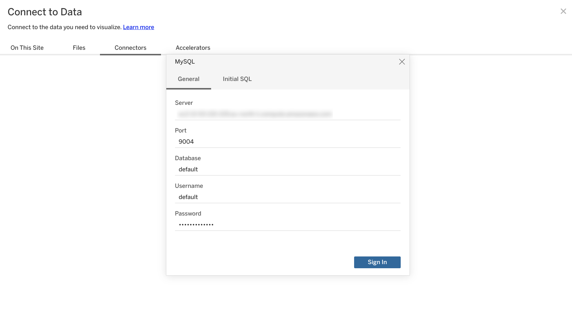 サーバー、ポート、データベース、および認証情報フィールドを備えた Tableau Online の MySQL 接続設定画面