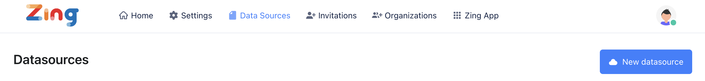 Zing Data のインターフェースで、New Datasource ボタンとドロップダウンメニュー内の ClickHouse オプションが表示されている画面