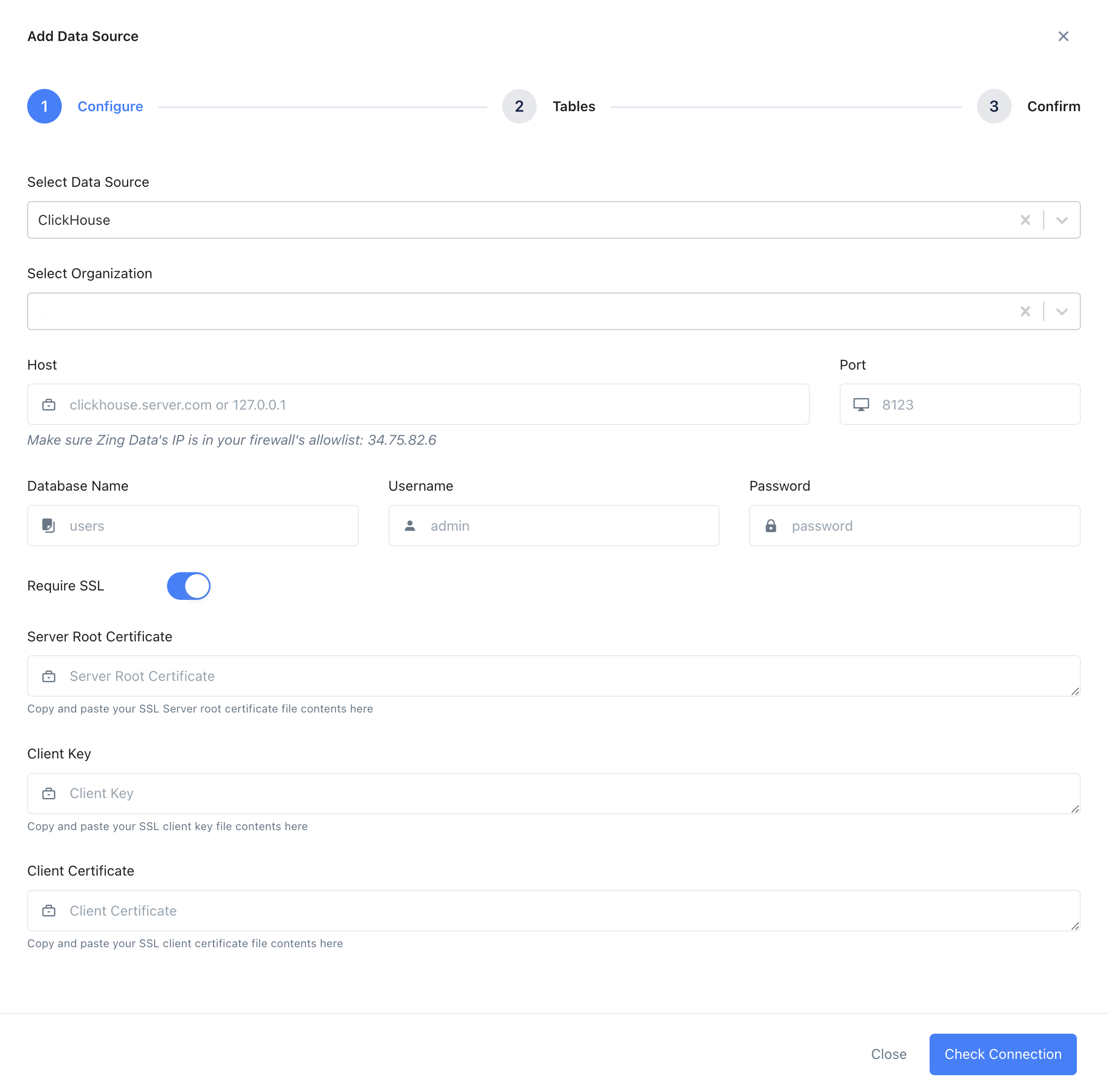 Zing Data における ClickHouse 接続設定フォーム。server、port、database、username、password の各フィールドが表示されている画面
