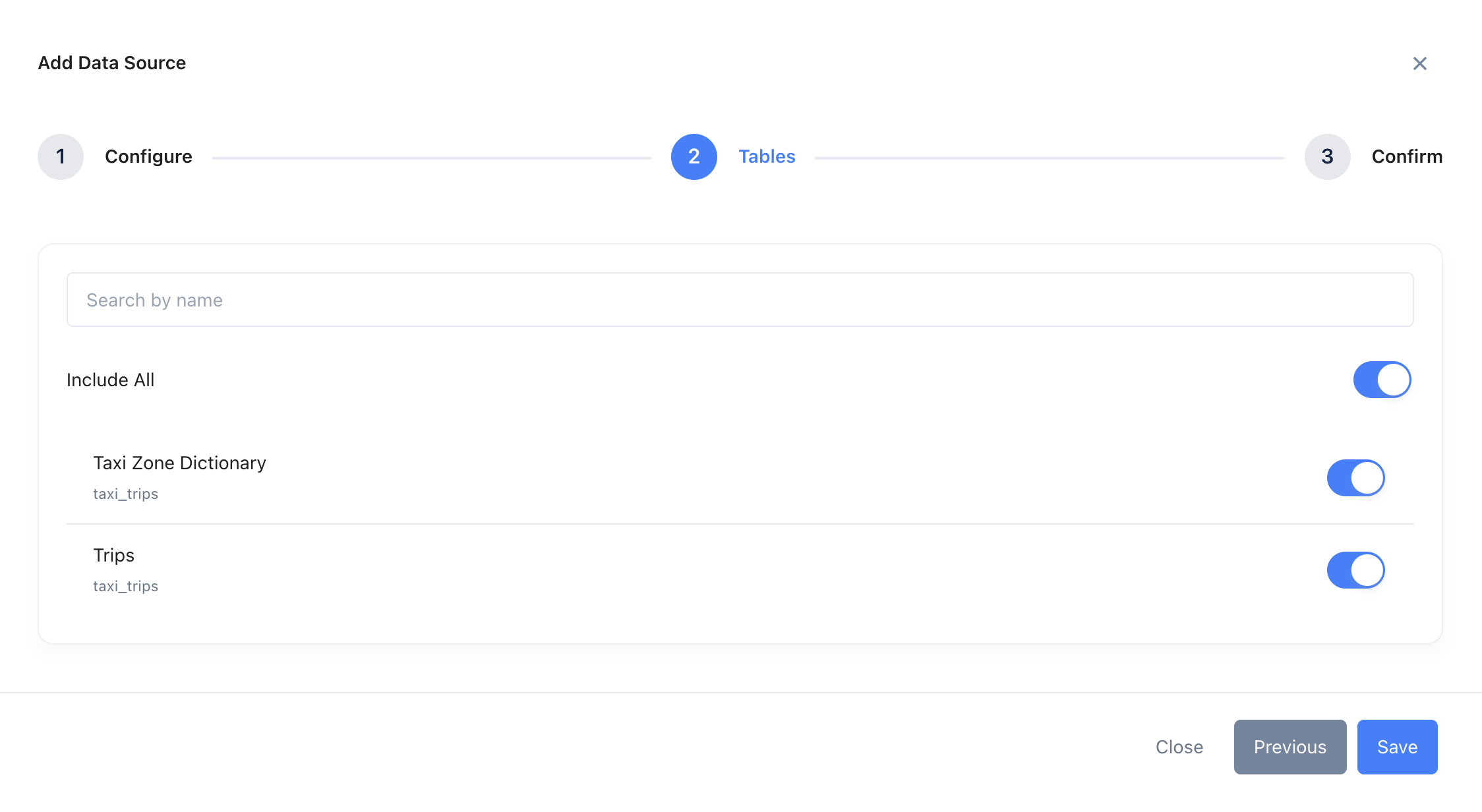 Zing Data のテーブル選択インターフェース。利用可能な ClickHouse テーブルがチェックボックス付きで表示されている画面
