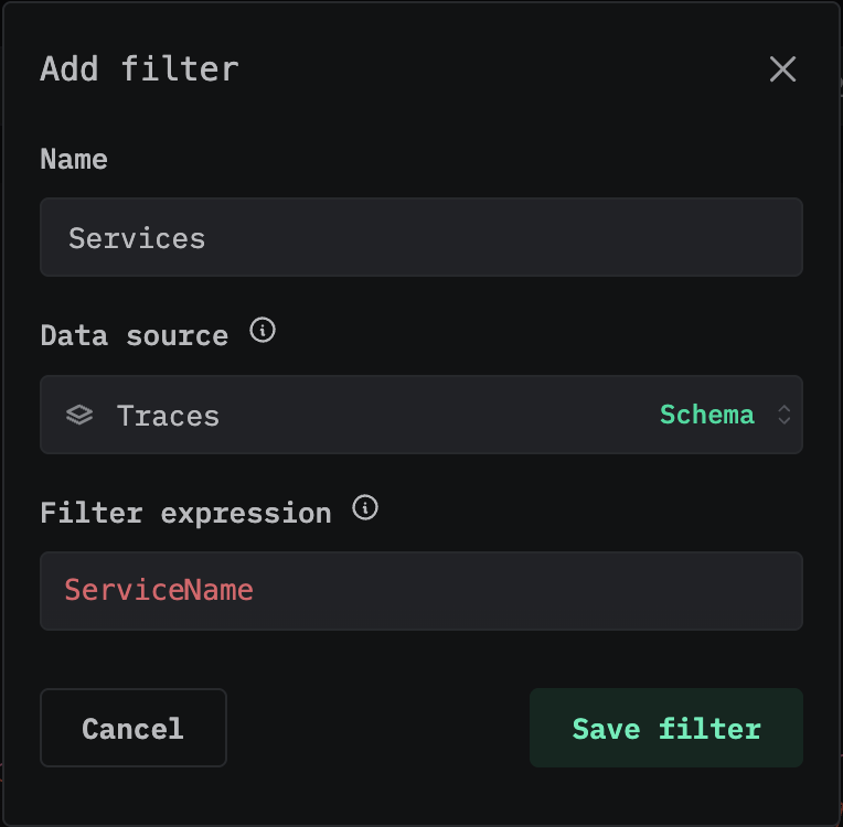 Add filter dialog with Name, Data source, and Filter expression fields
