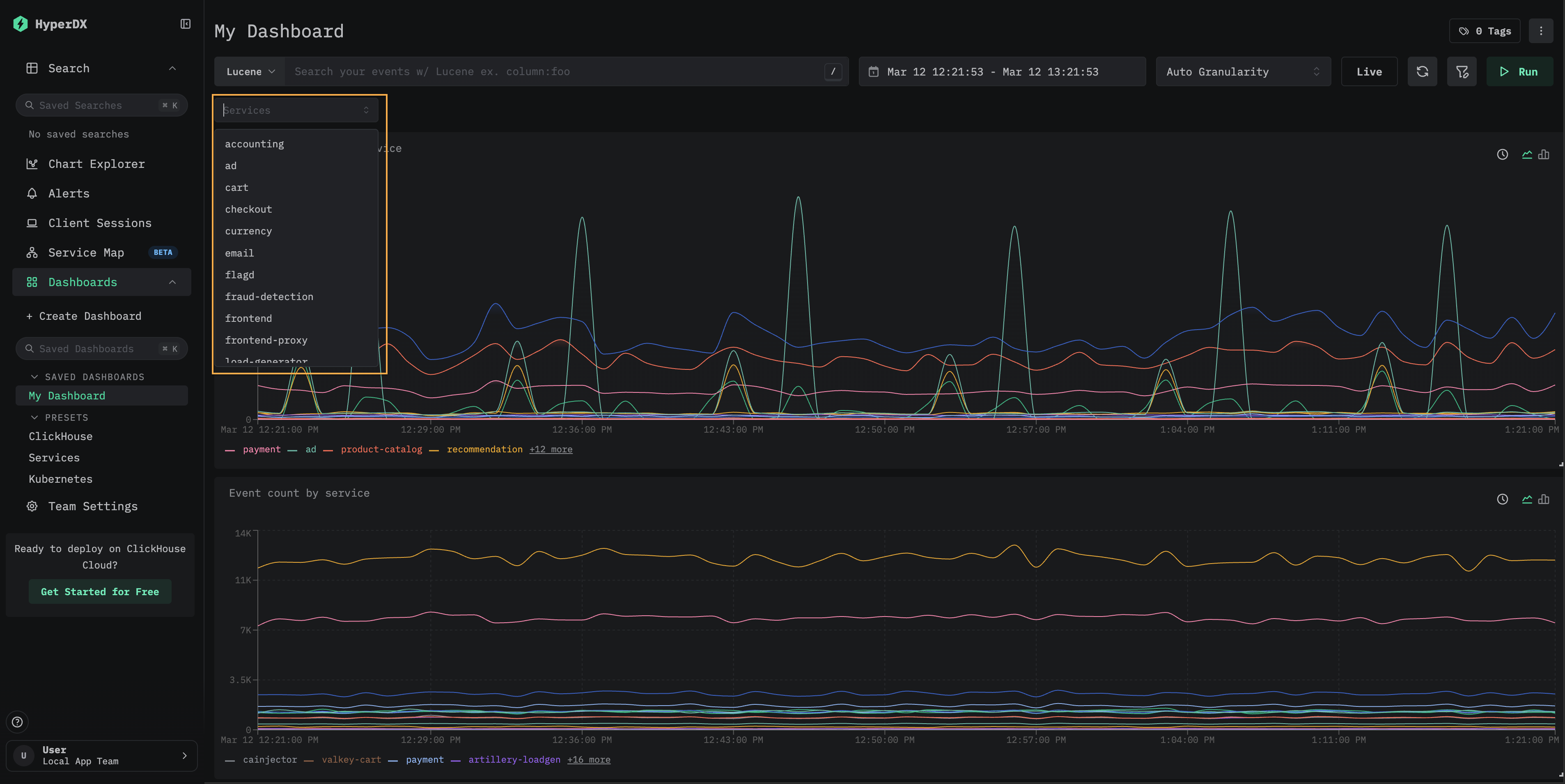 Services dropdown filter showing available service names