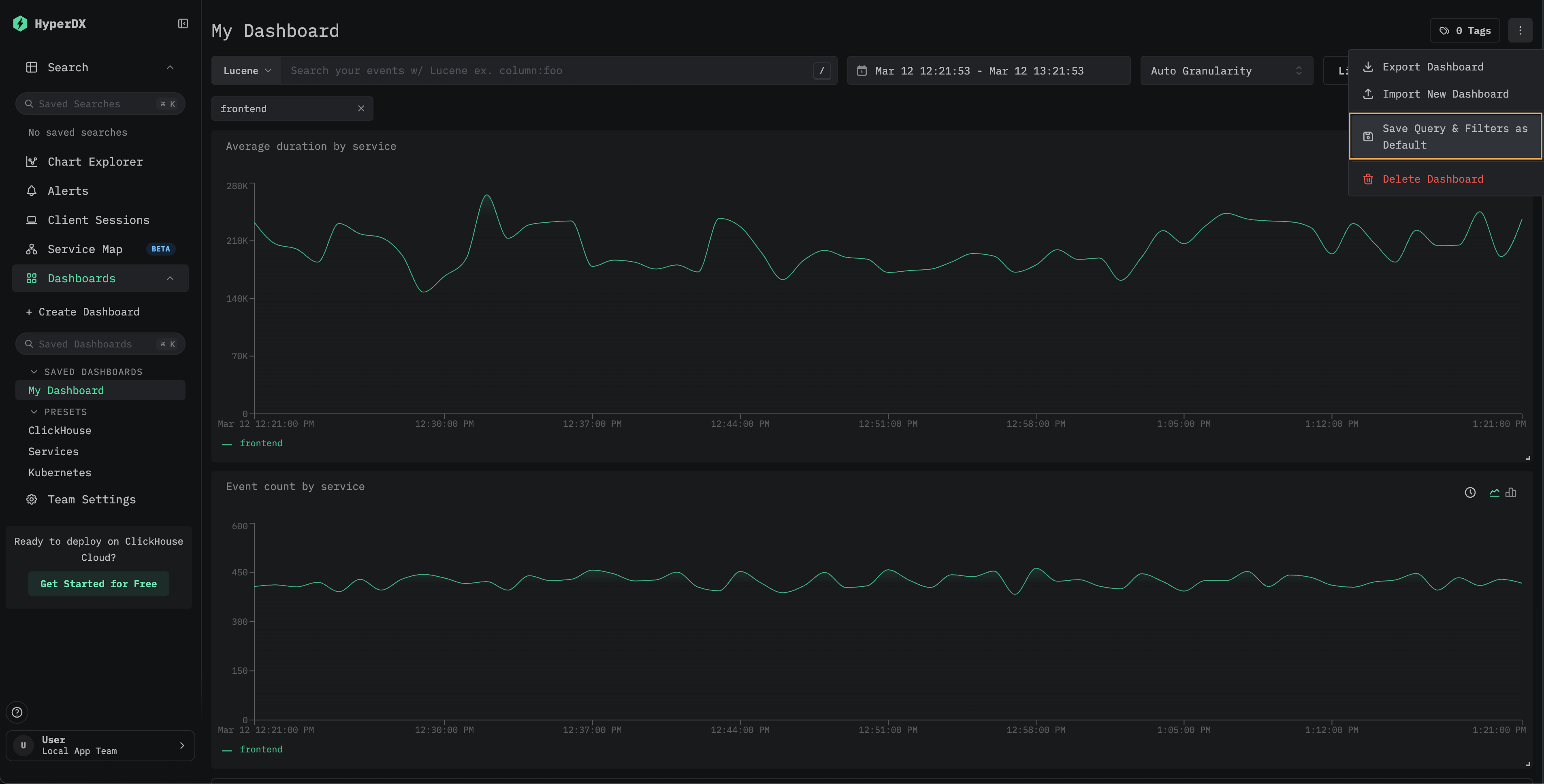 Dashboard menu showing Save Query and Filters as Default option