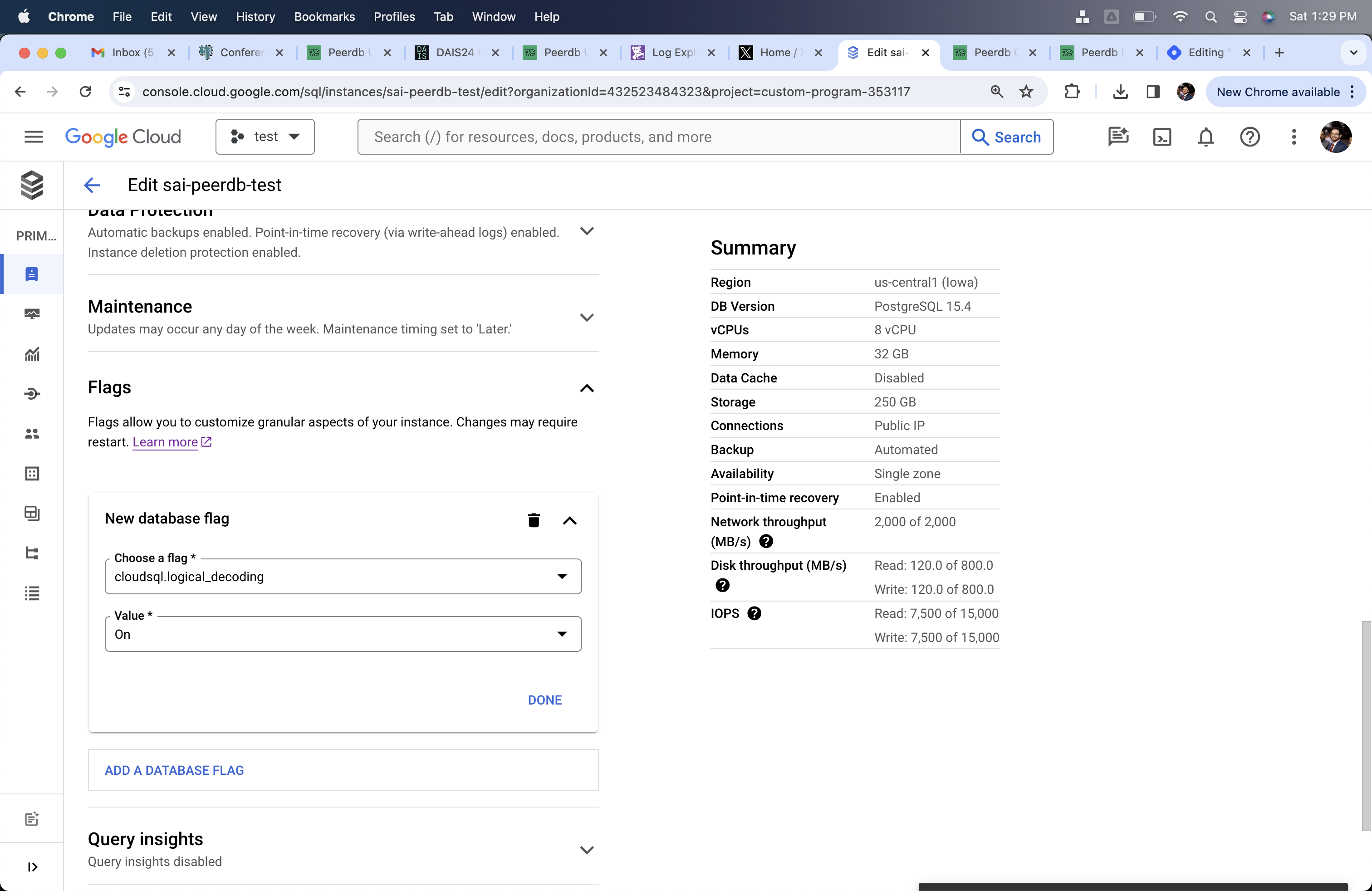 Изменение cloudsql.logical_decoding на включенный