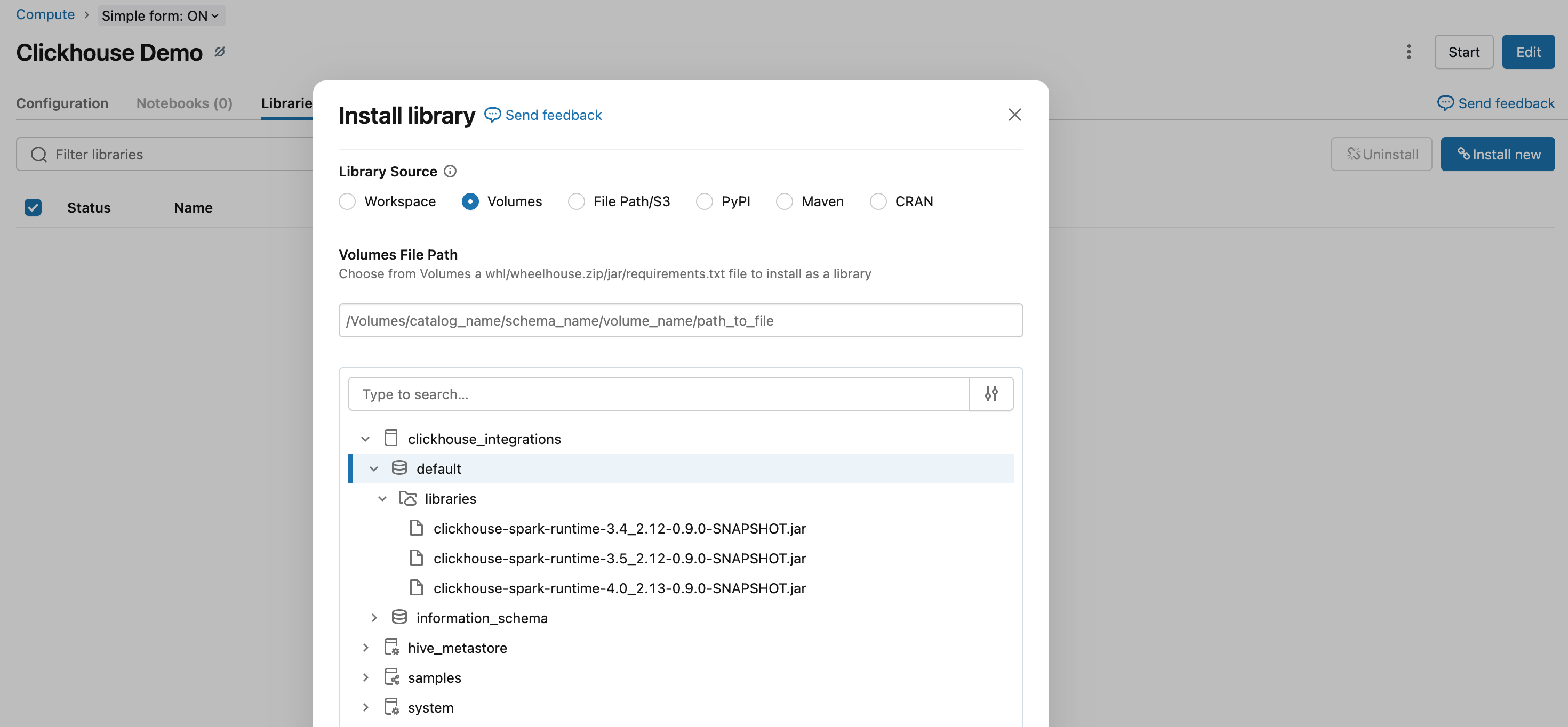 Установка библиотеки из тома рабочей области (workspace volume)