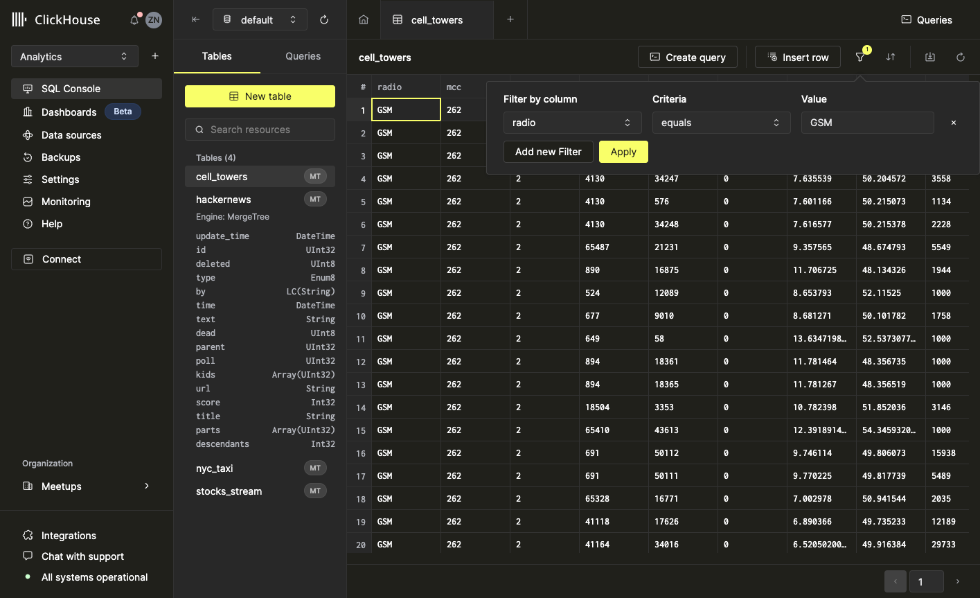 Диалог фильтрации с настройками фильтрации радиостанции, равной GSM