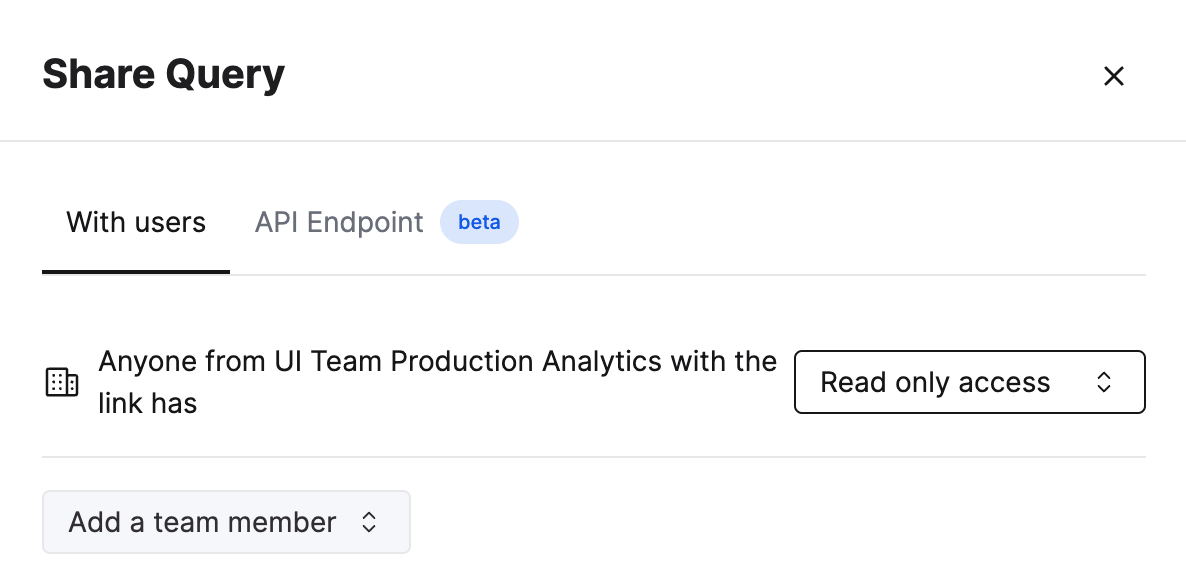 ClickHouse Cloud query editor showing the share functionality with permission options