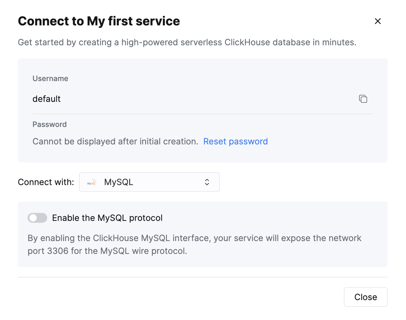 Экран подключения ClickHouse Cloud, показывающий выбор опции MySQL