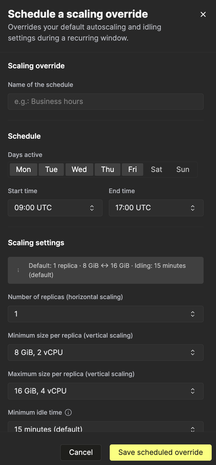 The Scaling Schedules interface in the ClickHouse Cloud console, showing time-based scaling rules