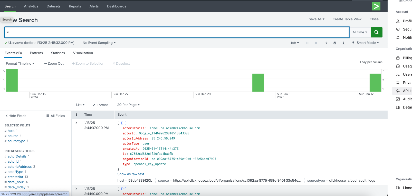 Интерфейс поиска Splunk, показывающий данные журналов аудита ClickHouse