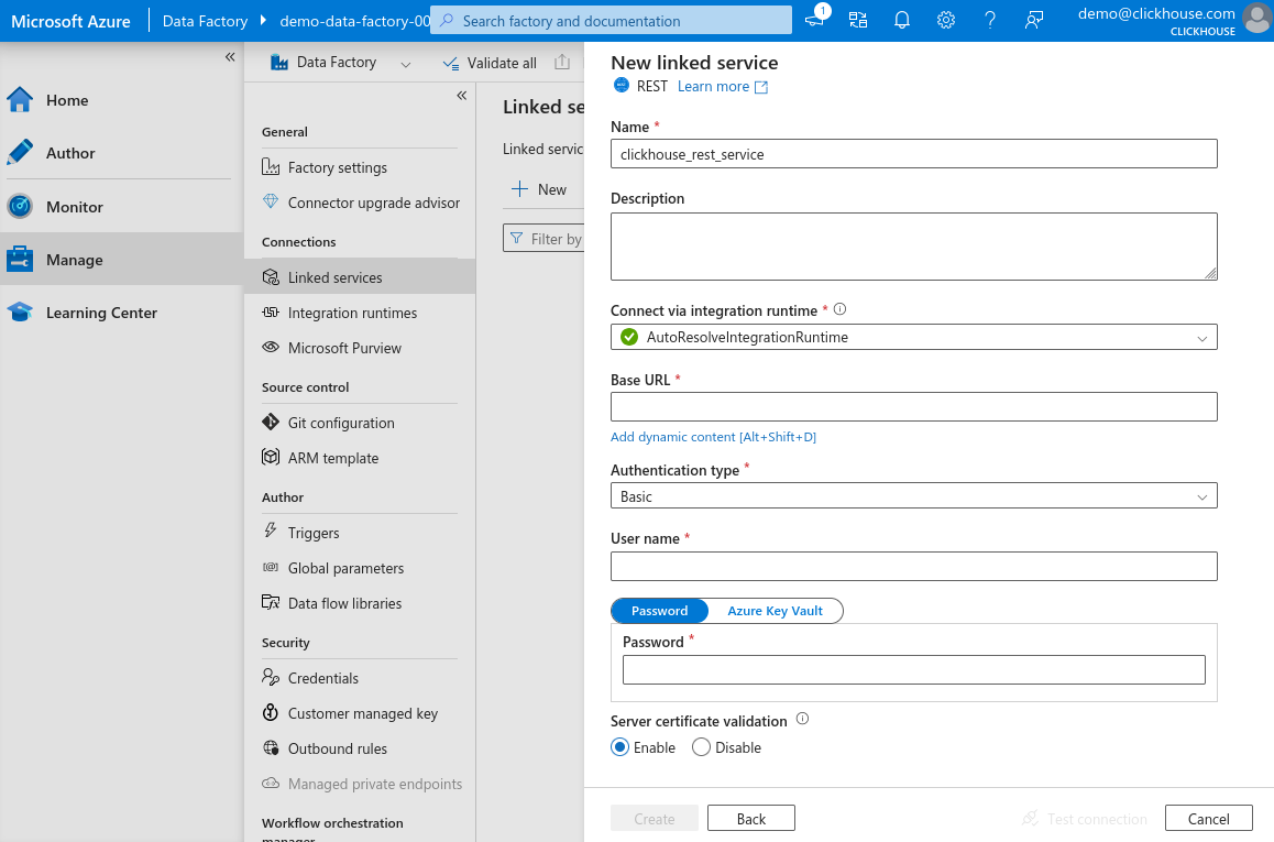 新建 Linked Service 面板