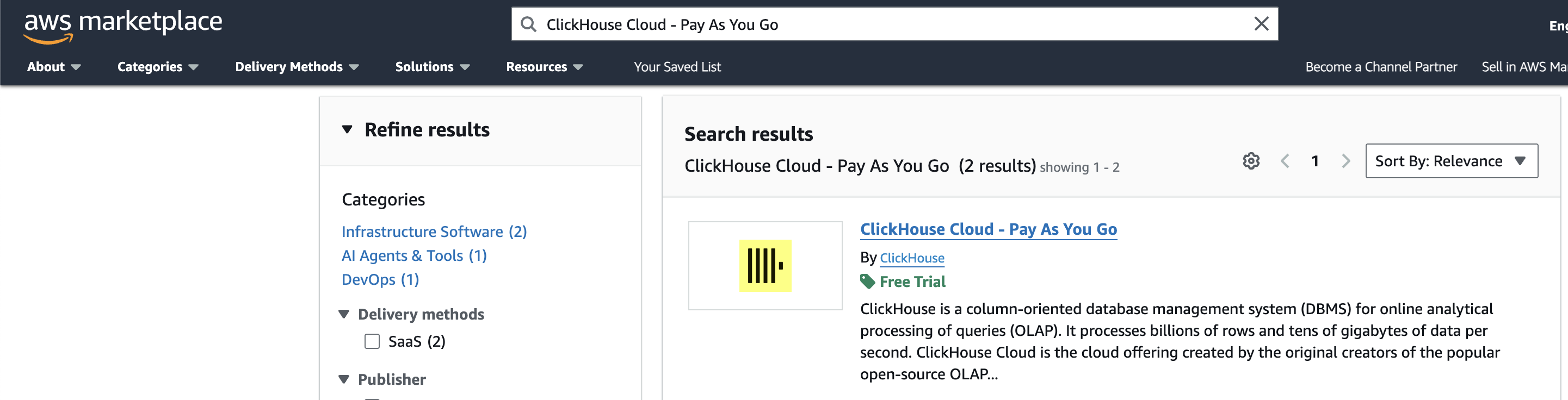 在 AWS Marketplace 中搜索 ClickHouse