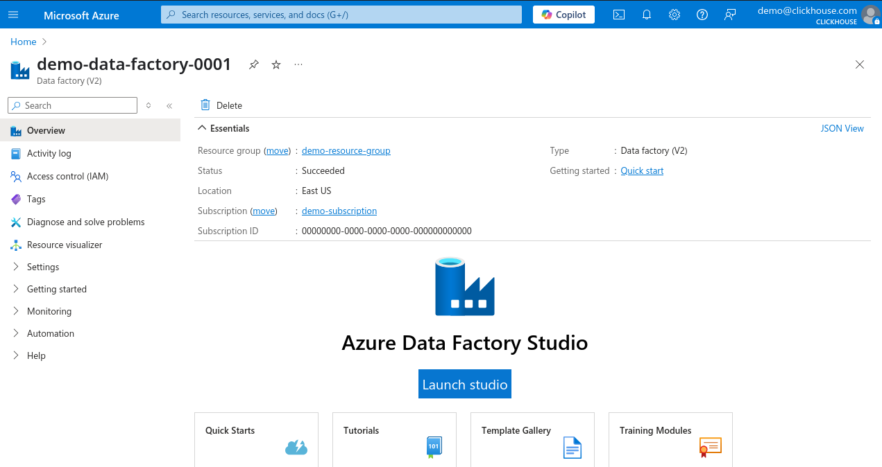 Azure Portal Data Factory 页面