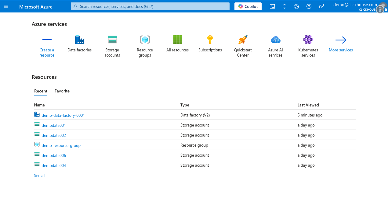 带有 Data Factory 的 Azure Portal 主页
