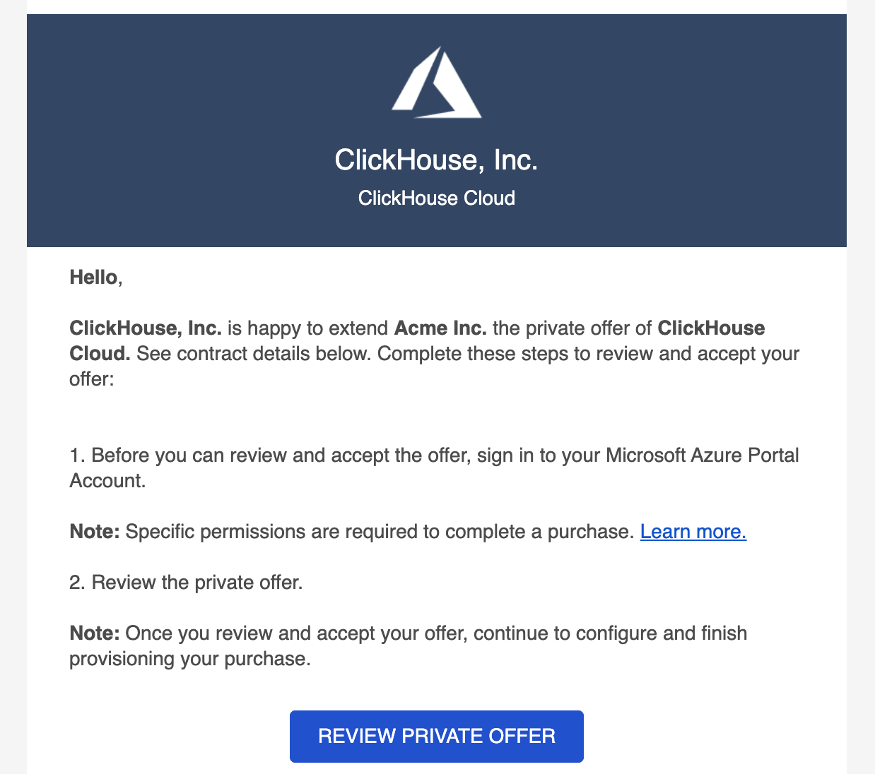 Azure Marketplace 私有优惠电子邮件