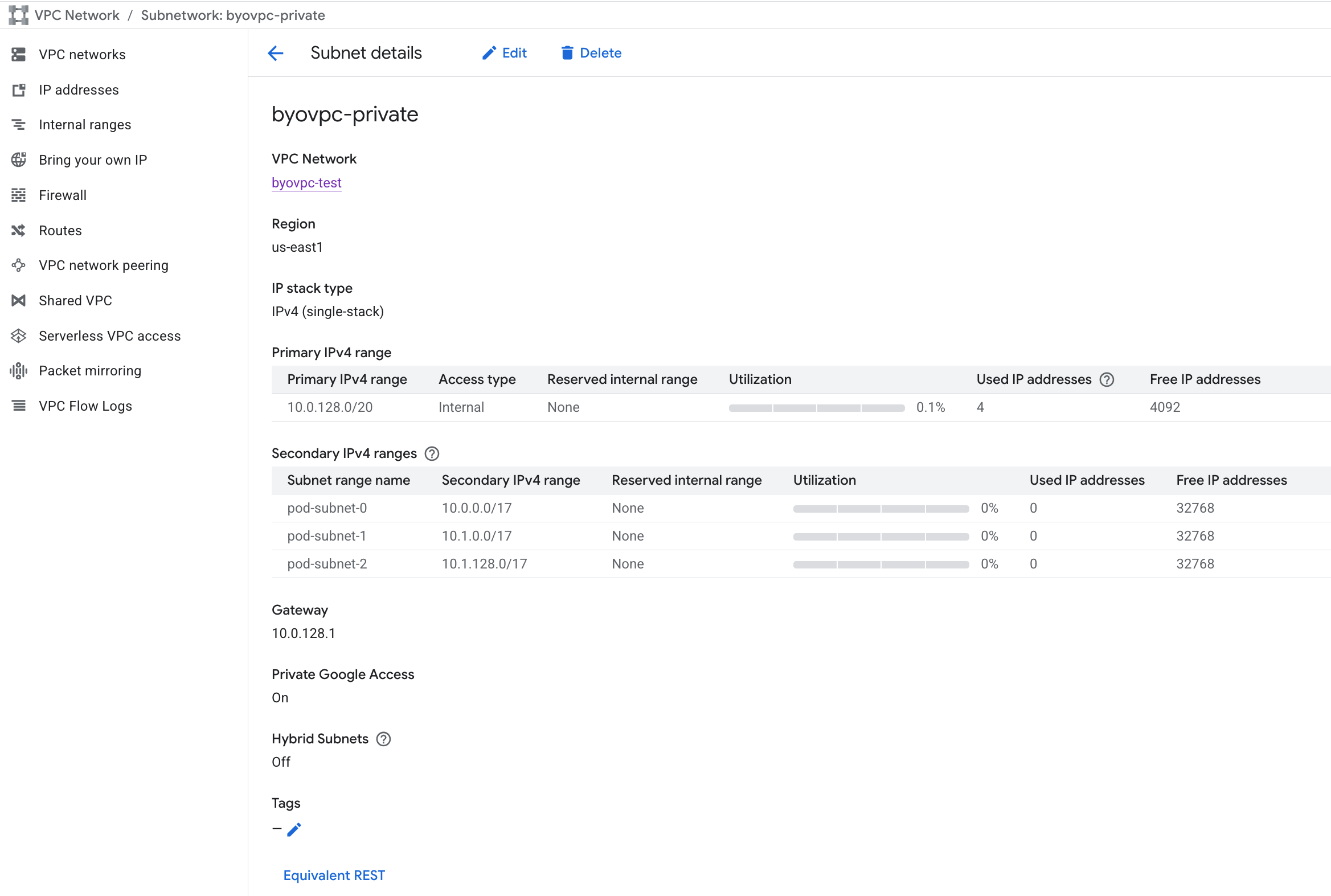 BYOC GCP 子网详细信息，显示主 IPv4 范围和次级 IPv4 范围，并已启用 Private Google Access